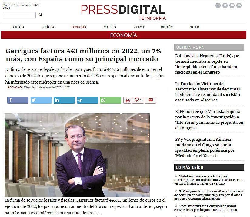Garrigues factura 443 millones en 2022, un 7% ms, con Espaa como su principal mercado